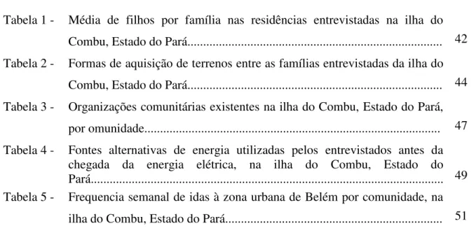 Tabela 1 -  Média  de  filhos  por  família  nas  residências  entrevistadas  na  ilha  do  Combu, Estado do Pará................................................................................