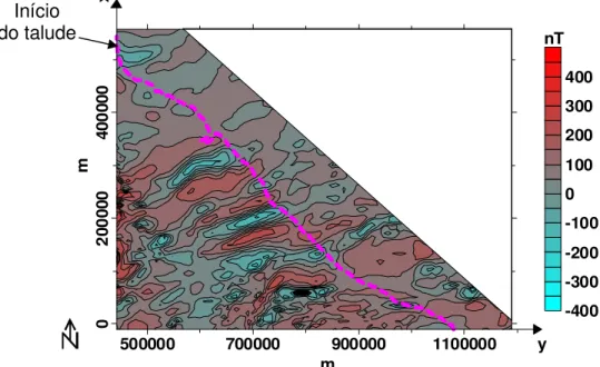 Figura 2.22: Anomalia de campo total da bacia da Foz do Amazonas interpolada em uma malha com   espaçamentos  dx=dy=500 m 