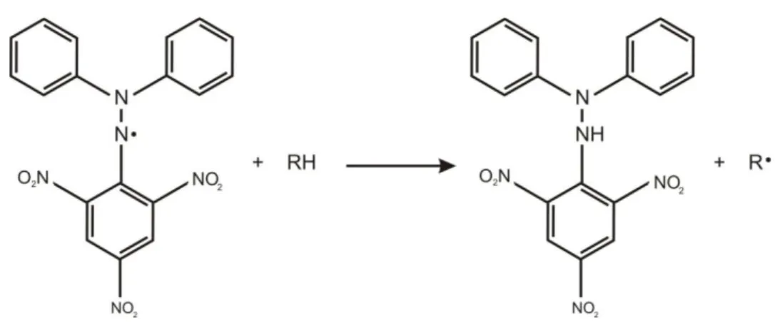 Figura 12. Estrutura do DPPH e sua redução por um antioxidante (RH). 