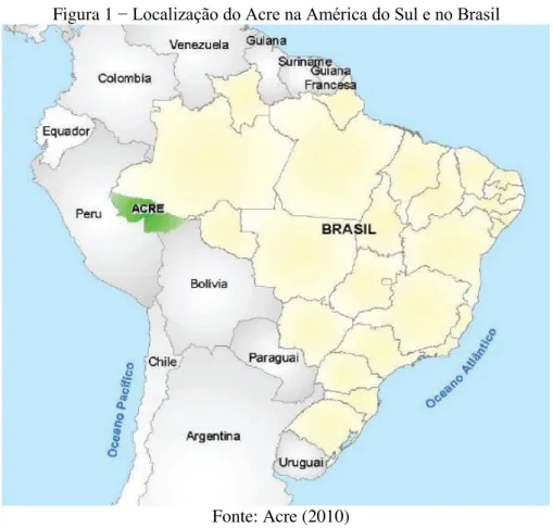 Figura 1  − Localização do Acre na América do Sul e no Brasil