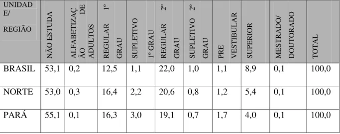 Tabela 3: Situação educacional dos jovens de 15 a 24 anos no Brasil, região norte e estado do  Pará-2006
