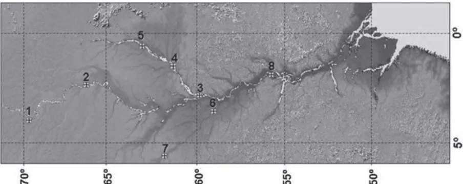 Figura 1 - Posição dos sítios investigados neste estudo, em especial as estação hidrométricas da Agência Nacional  de Águas (ANA) na Bacia Amazônica: Tabatinga (1); Fonte Boa (2); Manaus (3); Moura (4); Serrinha (5); Borba  (6); Porto Velho (7) e Óbidos (8