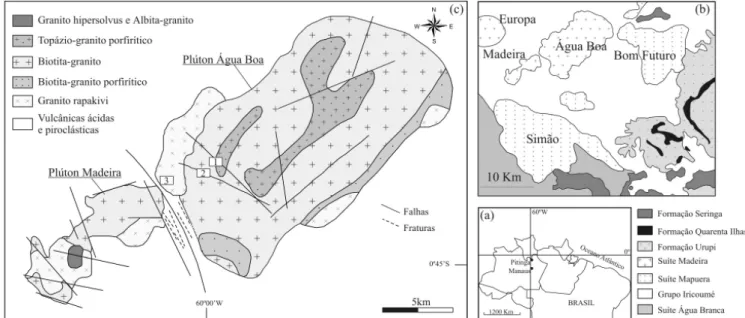 Figura 1 - Mapa Geológico dos granitos Madeira e Água Boa, destacando as áreas de ocorrência dos greisens
