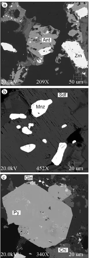 Figura 6 - Imagens obtidas por elétrons retro- retro-espalhados e espectros EDS, apresentando feições  texturais dos minerais acessórios contidos em  cavidades no granito e nos greisens