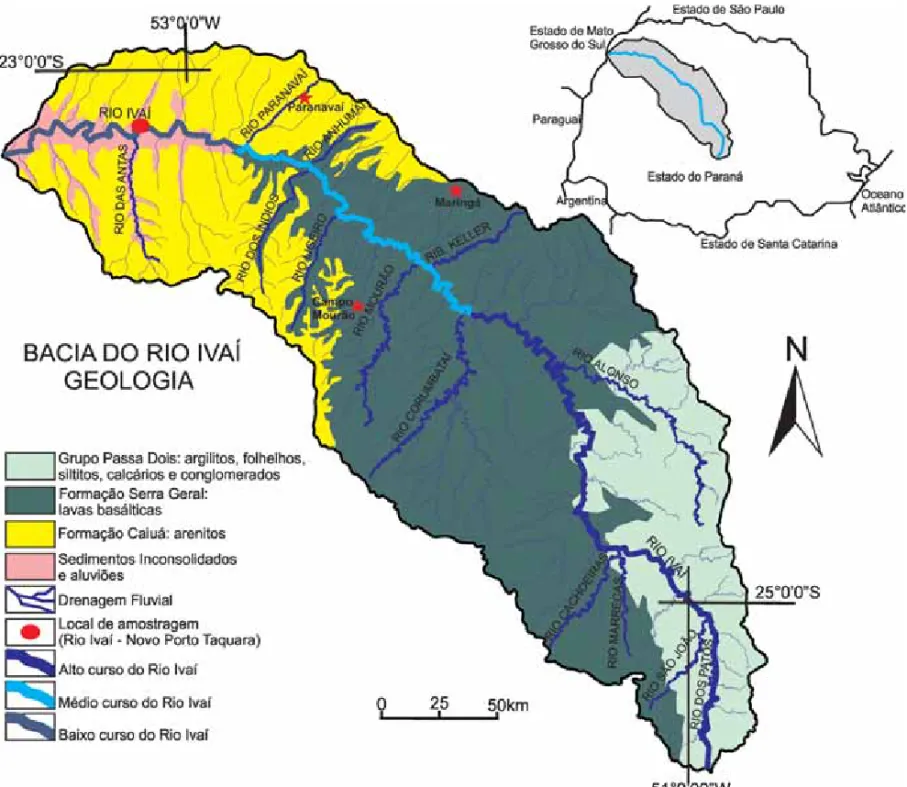 Figura 1 - Mapa geológico simpliﬁ  cado da bacia do rio Ivaí. Obs.: alto, médio e baixo curso do rio Ivaí, modelo  proposto por Destefani (2005).