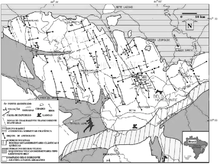 Figura 3 - Enxame Paraopeba de diques de anﬁ  bolito no contexto geológico da porção meridional do Cráton  São Francisco.