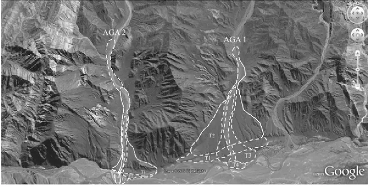 Figura 2 - Ubicación de las cuencas AGA 1 y AGA2 y sus distintos niveles de abanicos-terrazas (T).