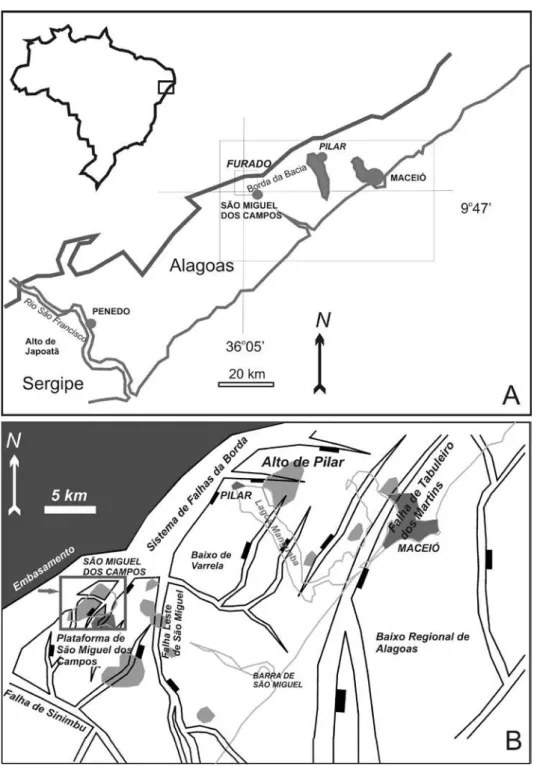Figura 1 - A) Mapa de localização da área estudada, B) Mapa estrutural regional  do embasamento (modificado de Chiossi 1997)