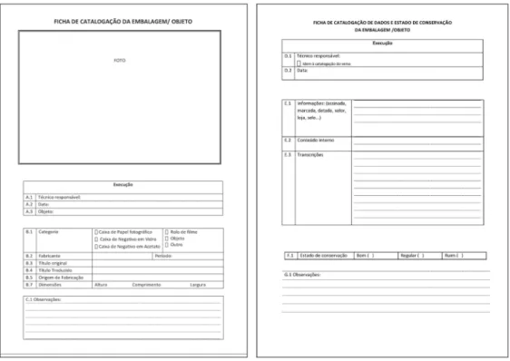 Figura 7 – Ficha de catalogação da embalagem/objeto (frente e verso). Elaborada por Patricia  Camera e Alan de Almeida