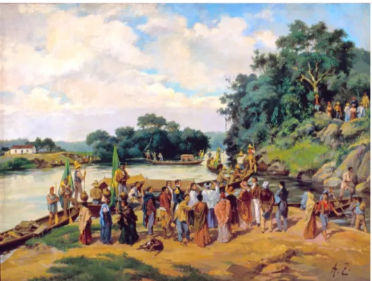 Figura 11 – Aurélio Zimmermann. Benção das Canoas, c. 1920, óleo s/ tela, 135 x 100 cm,  Museu Paulista.