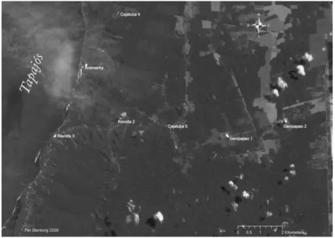 Figure 7 –  Sites mapped near the eastern shore of  Rio Tapajós; the conjunction between  prehistoric settlement remains and areas selected for modern agriculture is clearly discernable