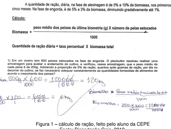Figura 1  –  cálculo de ração, feito pelo aluno da CEPE  Fonte: Dissertação Gaia, 2012