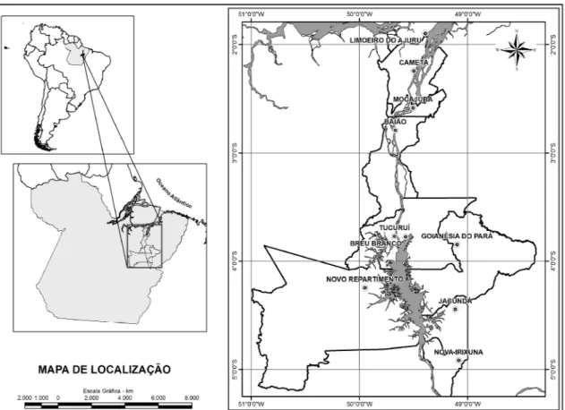 Fig. 1: Localização dos municípios com ponto de coleta de Hemiodus unimaculatus (Bloch,  1794), no período de janeiro/06 a dezembro/07