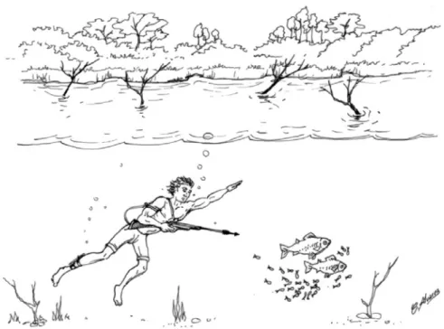 Figura 9. Pesca de mergulho no lago da UHE-Tucuruí (Ilustração: Carlos Alberto  Freitas Alvarez)