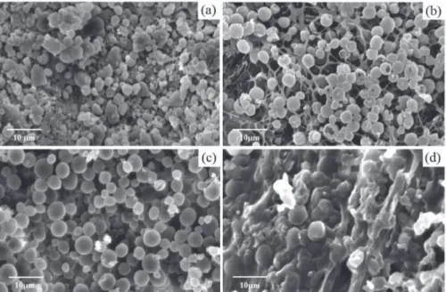 Figure 2. Micrographs of the microparticles of PLA3 containing 0.75 wt/v % of PVA and different mass of cardanol: (a) 0 mg 21  (b) 25 mg; (c) 50 mg e (d) 100 mg