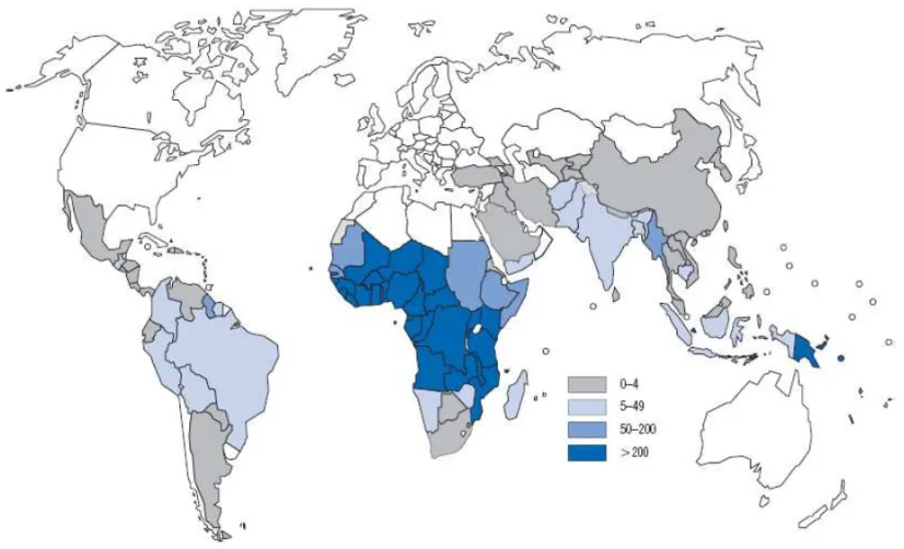 Fig. 1 – Estimated incidence of malaria per 1000 population, 2006 (WHO 2008).