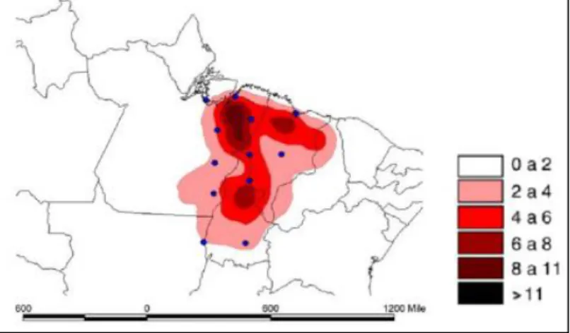Figura 6 – Mapa da densidade de ocorrência de raios detectados pela RDR – SIPAM, eventos/km²/ano