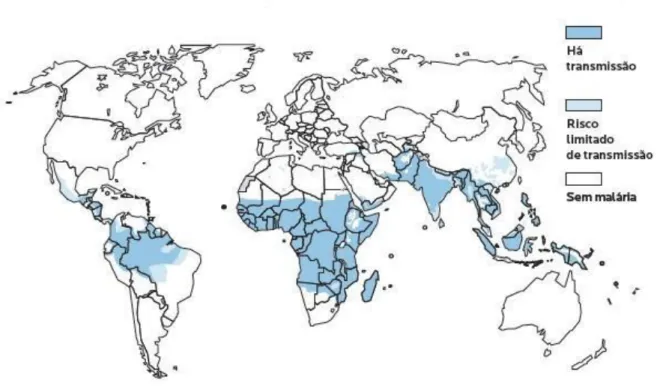 Figura  1:  Distribuição  mundial  do  Plasmodium  falciparum  em  áreas  de  risco.  Áreas:  azul  claro,  mesoendêmica  (áreas  onde  a  prevalência  está  entre  11%  e  50%);  azul  escuro,  hiperendêmica e holoendêmica (áreas onde a prevalência é &gt;