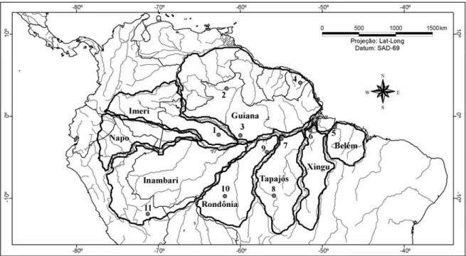 Figura 1. Áreas de endemismo de aves reconhecidas para a bacia amazônica (Haffer 1974,  1978, Cracraft 1985 e Silva et al