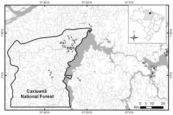Fig.  1  Location  of  the  30  streams  surveyed  in  2012  and  2013  within  FLONA  Caxiuanã  (n  =  17)  and  the  surrounding zone (n = 13), in the municipalities of Portel and Melgaço in Pará, Brazil