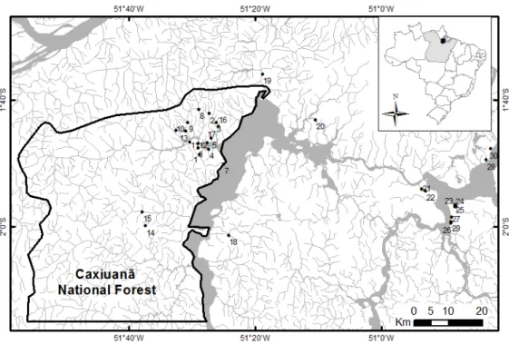 Figura 1. Localização dos 30 igarapés amostrados no período de estiagem nos anos de 2012  e  2013  dentro  da  FLONA  (pontos  de  1  a  17)  e  no  seu  entorno  (pontos  de  18  a  30),  na  Amazônia oriental, Pará, Brasil (Imagem: Monteiro-Jr et al., 20