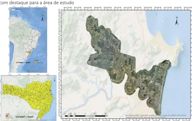 Figura 1 – Localizaçã de Santa Catarina na América do Sul e do Município de Navegantes, SC,  com destaque para a área de estudo