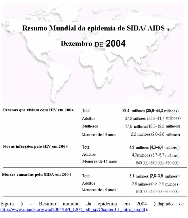 Figura  5  –  Resumo  mundial  da  epidemia  em  2004  (a daptado  de  http://www.unaids.org/wad2004/EPI_1204_pdf_sp/Chapter0-1_intro_sp.pdf)