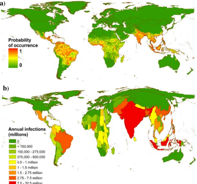 Figura 6: Presença e risco global de dengue em 2010. a, probabilidade de ocorrência  de dengue com resolução espacial de 5Km