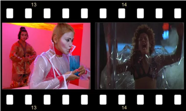 FIGURA 16: Dentre muitas influências cinematográficas, o figurino da atriz Pauli Banhos,  no  espetáculo  Frozen  (à  esquerda)  lembrava  o  sobretudo  da  atriz  Joanna  Cassidy  em  Blade  Runner (à direita)