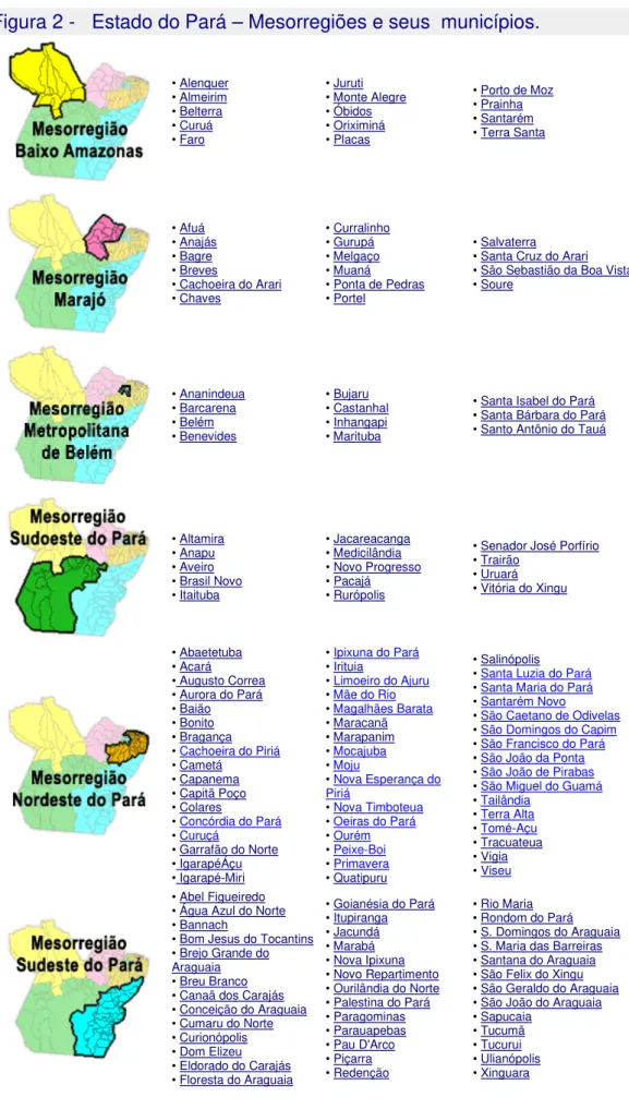 Figura 2 -   Estado do Pará – Mesorregiões e seus  municípios.  • Alenquer  • Almeirim  • Belterra  • Curuá  • Faro • Juruti  • Monte Alegre • Óbidos • Oriximiná • Placas • Porto de Moz • Prainha • Santarém • Terra Santa • Afuá  • Anajás  • Bagre  • Breves