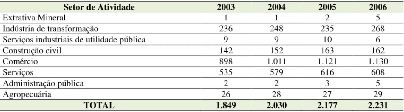 Tabela  2  –  Número  de  estabelecimentos  com  vínculos  empregatícios  segundo  Setor  de  Atividade Econômica do Cadastro RAIS 1999-2006