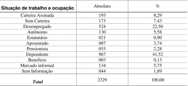 Tabela 2 – Situação de Trabalho e Ocupação no Universo Pesquisado 