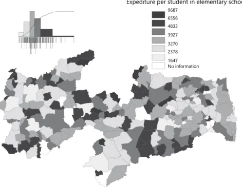 Figure 1. Map of spending per pupil in the municipalities of Paraíba, 2015.