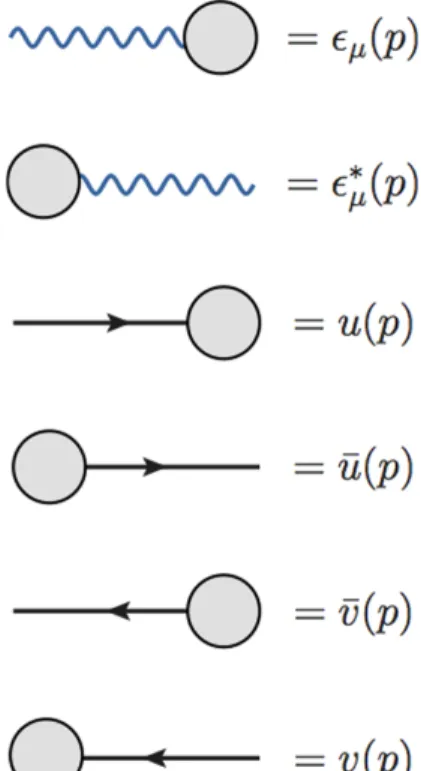 Figura 6: Regras de Feynman para as linhas externas que apare- apare-cem nos diagramas