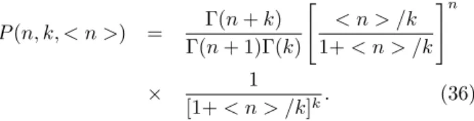 Figura 2: Gráﬁcos da Distribuição Binomial Negativa, Eq. ( 36 ). No painel esquerdo o valor do parâmetro k é mantido constante, variando-se os valores do valor médio &lt; n &gt;