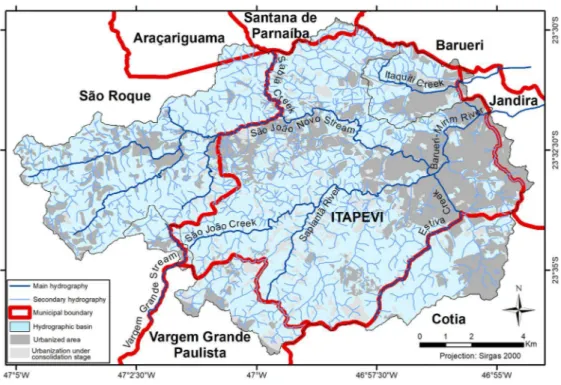 Figure 2 – Hydrography, basins and urbanization in the municipality of Itapevi and in the drainage areas upstream of the municipality