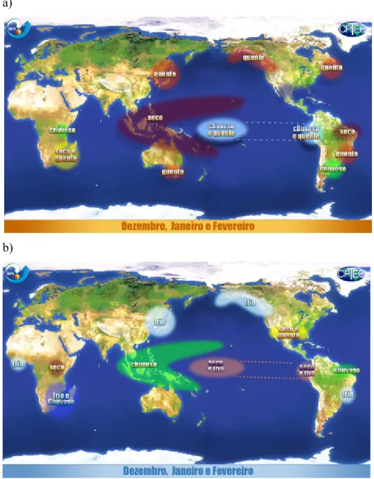 Figura 6: Alterações climáticas causadas pelo E OS ao redor do mundo durante os meses de dezembro, janeiro e fevereiro.