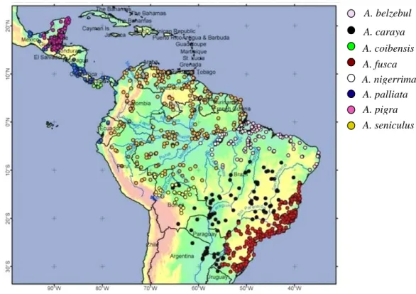 Figura 1: Distribuição geográfica do gênero Alouatta (Modificado de Database of  Georreferenced occurrence Localities of Neotropical Primates, UFMG)