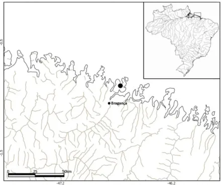 Figura 9- Mapa da costa Norte do Estado do Pará  (00°53’28” S, 46°39’22” W).  O ponto  indica o local de coletas dos espécimes de Anableps anableps