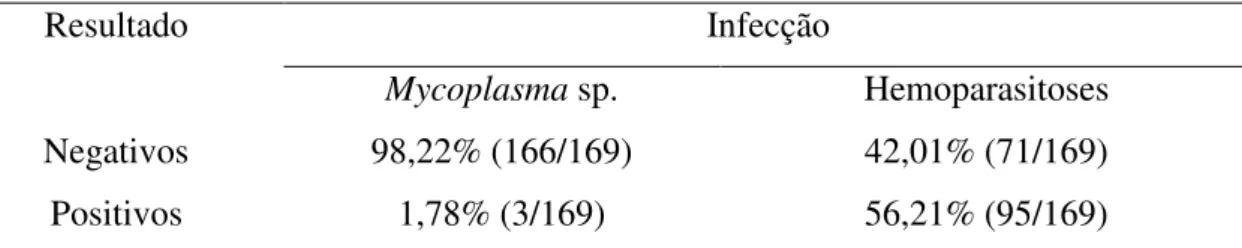 Tabela  6  -  Comparação  da  frequência  de  caninos  infectados  por  hemoplasmas  em  função da frequência global de caninos acometidos por outras hemoparasitoses