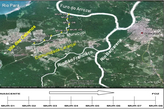 Figura 3.12: Mapa de Localização dos pontos de amostragem no Rio Murucupi.    