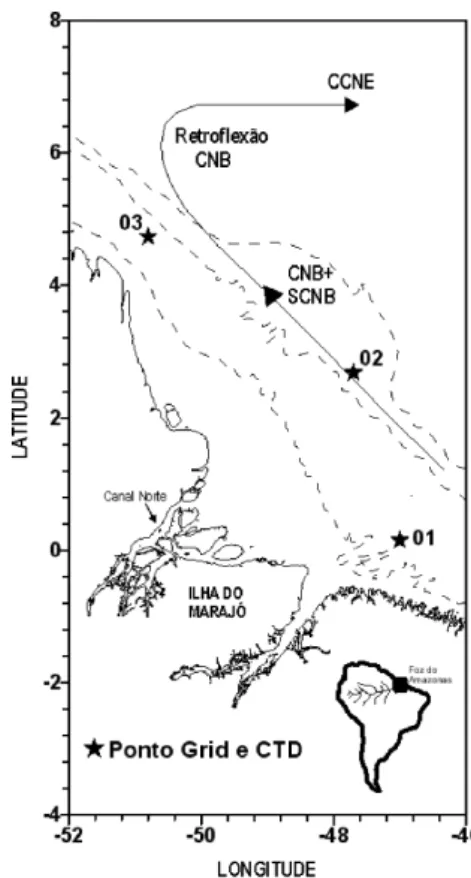 figura 1 - Mapa da plataforma continental do amazonas (PCa) e área oceânica  adjacente,  demonstrando  a  localização  das  estações  hidrológicas  durante  as campanhas oceanográficas ReVIzee/sCoRe-noRTe (estrelas no mapa),  observando-se também a localiz
