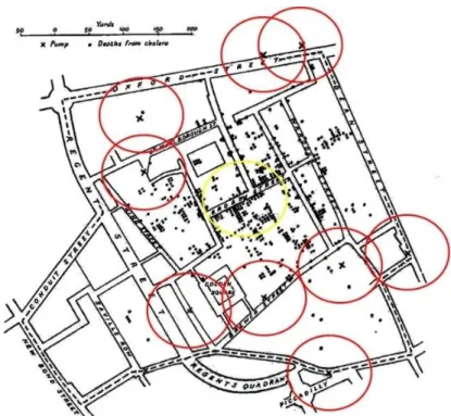 Figure 2.3 - Uso de VI no controle da epidemia de cólera (SPENCE, 2001) Outro exemplo é o mapa feito por Monsieur Minard (Figura 2.4) da famosa marcha de Napoleão para Moscou, e a retirada do exército francês de lá