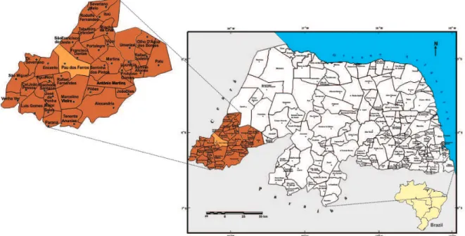 Figure 1 -  State of Rio Grande do Norte, highlighting the Upper West Potiguar region Source: IBGE Basemap IBGE (2007), adapted by the authors, 2016..