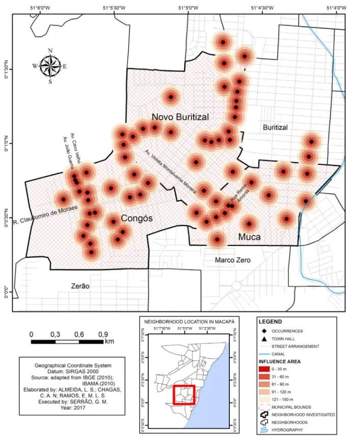 Figure 6 - Distribution of lethal violent crimes in the Congós, Muca and Novo Buritizal districts,                                  Macapá-AP (2013-2015).