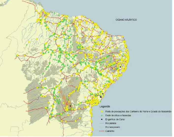 Figura 4 – Mapa temático que exmpõe o estado do povoamento e rede de povoações das capitanias do Norte no  final do período colonial