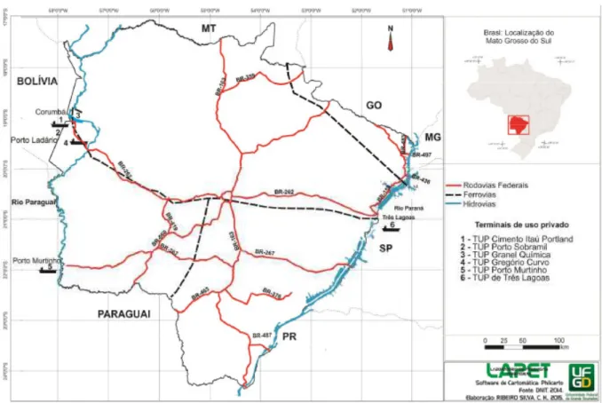 Figura 1 - MATO GROSSO DO SUL - Principais eixos rodoviários e ferroviários  - 2015