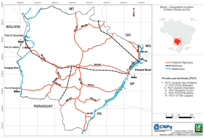 Figure 1 shows the main road (in red) and railway (in dashed line, almost following the route  of BR 262) axes