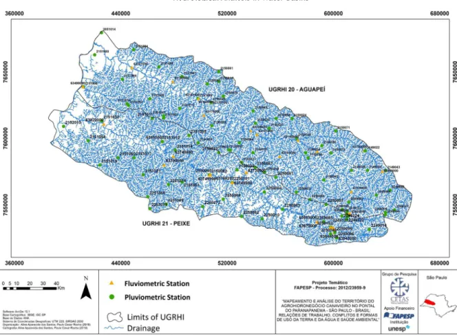 Figure 2 - Location of the study area and location of fluviometric stations and rainfall                                                      stations in the hydrographic basins of the Aguapeí and Peixe rivers