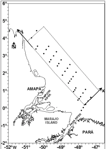 Figure 2 shows the sampling stations of Operations Norte III (high discharge of the Amazon River) and Norte IV (period of falling discharge of the Amazon River), bounded by the integration domain used in the  simula-tions with MAAC-2D model.